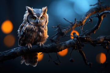 An owl is sitting on a tree branch. Generative AI.