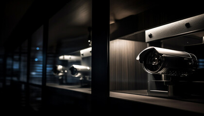 Modern surveillance equipment watches over city buildings at night indoors generated by AI