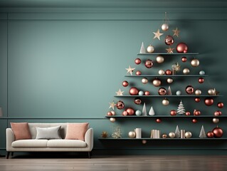 A living room with a christmas tree on the wall. Generative AI.