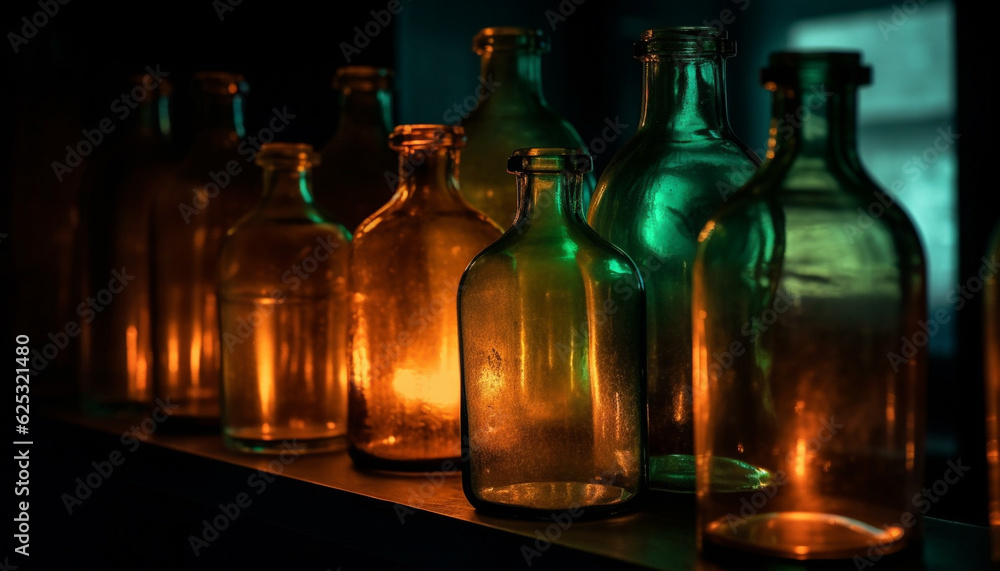 Poster a collection of empty bottles in a row, back lit generated by ai