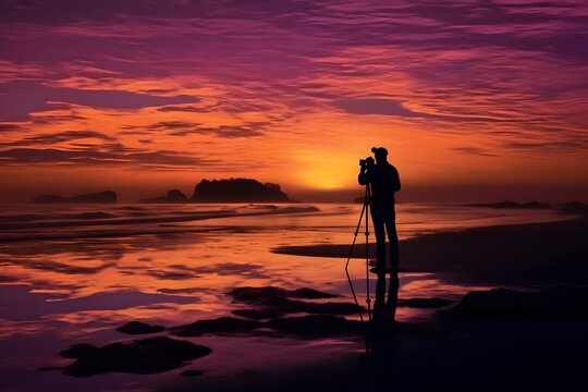 Photographer with camera on the beach at sunset ai generated