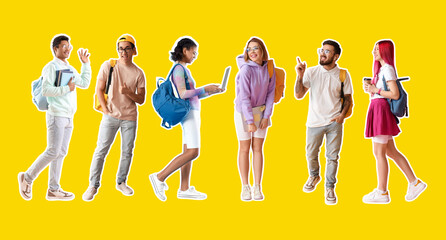 Collage with many students on yellow background