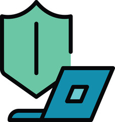 Laptop defence icon outline vector. Access guard. Digital shield color flat