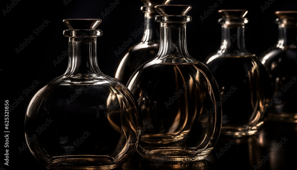 Poster luxury alcohol container collection in a row on black background generated by ai