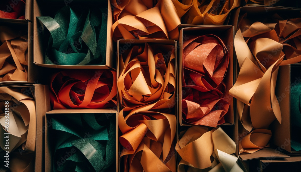 Poster multi colored abstract pattern on shiny silk wrapping paper package generated by ai