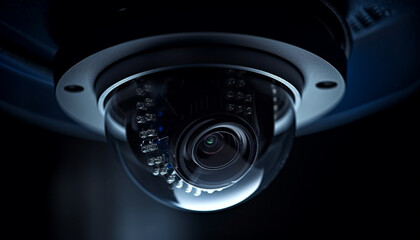 Surveillance technology watching indoors with security camera equipment and lens generated by AI