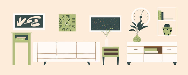 Modern eco living room interior design. Vector illustration in hand drawn style