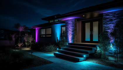 Modern architecture illuminated by blue twilight, luxury staircase design outdoors generated by AI