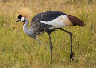 A single secretasry birds feeding in the long grass on the savannah of the Msssai Mara Reserve in Kenya, Africa