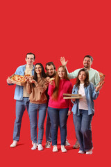 Group of friends with tasty pizza on red background