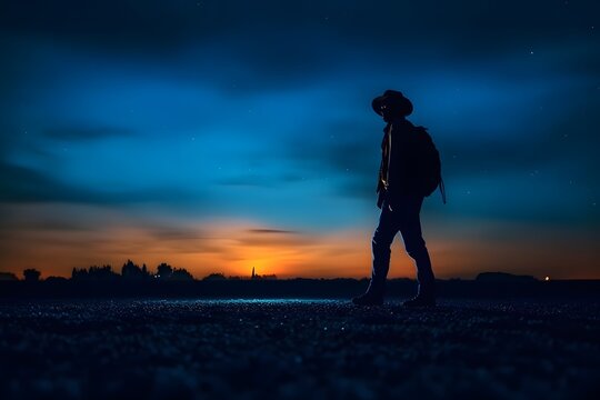 Silhouette of a man with a backpack standing on the road at sunset ai generated