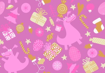 Cartoon dinosaur monsters seamless dragon pattern for wrapping paper and Christmas gift box and kids clothes