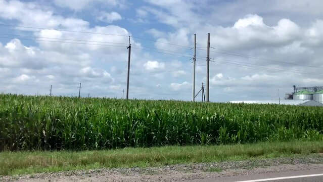 View through the side window of the car on the corn field and the elevator in motion along the road. Tourism and travel, travel concept
