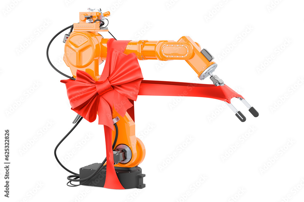 Aufkleber robotic arm with red ribbon and bow, present concept. 3d rendering