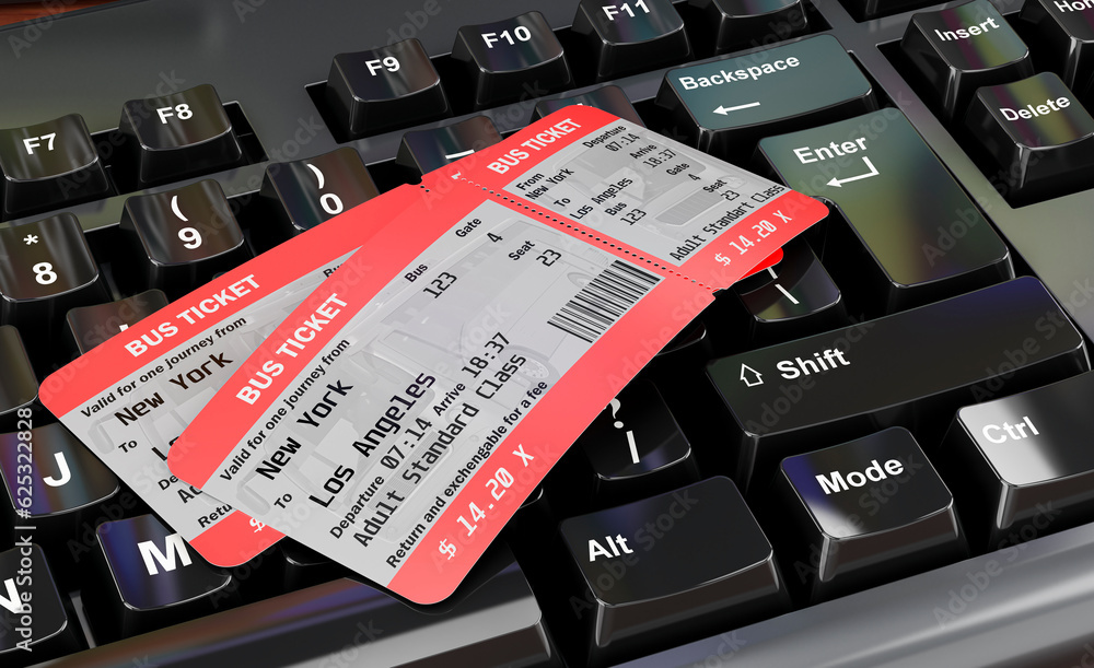 Poster bus tickets on computer keyboard concept, 3d rendering