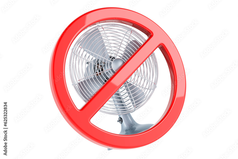 Poster forbidden sign with table fan, 3d rendering