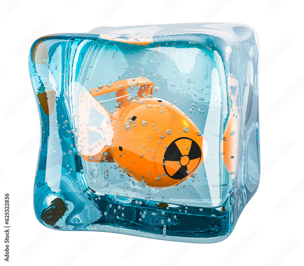Poster atomic bomb frozen in ice cube, 3d rendering