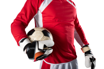 Isolated  goalkeeper with gloves holds the soccer ball