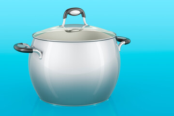 Steel stock pot on blue background, 3D rendering