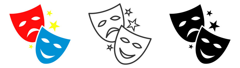 Theater masks icon. Masks Comedy and tragedy theater masks icons. Comic-tragic mask for the theater stage on a white background eps10 - obrazy, fototapety, plakaty
