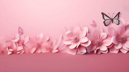  Banner with 3d pink paper flowers and butterflies on a pink background. 