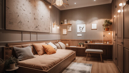 Modern luxury apartment with elegant wood decor and comfortable bedding generated by AI