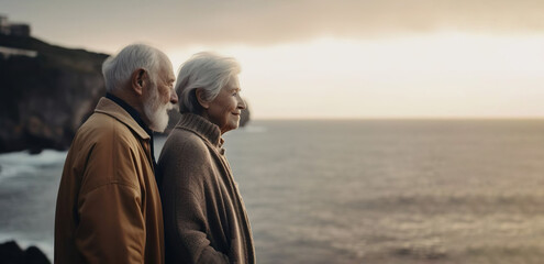 Smiling senior couple enjoying time at the beach near the ocean. Travel vacation and retirement lifestyle. Generative Ai technology.