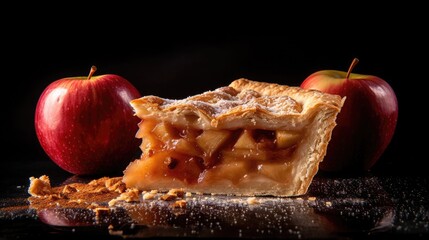 Homemade apple pie with cut off slice surrounded by apples on dark background. - obrazy, fototapety, plakaty
