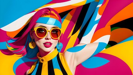 Fototapeta na wymiar Photo of a stylish woman in sunglasses and a vibrant dress