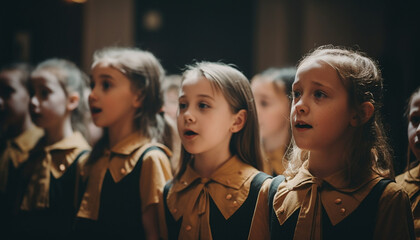 Obraz premium A group of cheerful school children in uniform smiling happily generated by AI