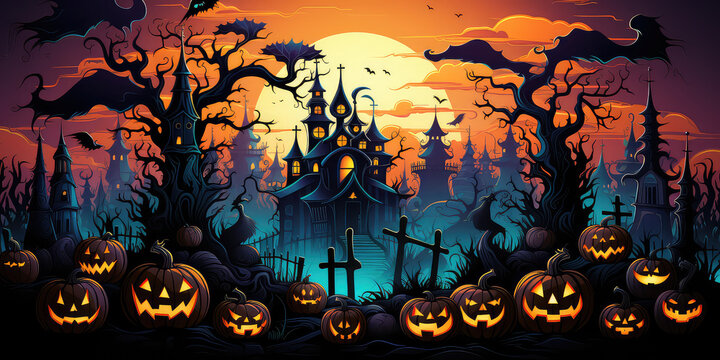 Halloween wallpaper illustration with pumpkins, jack lantern, dark purple colors. Halloween party banner template. Spooky composition for october party, invitation background.