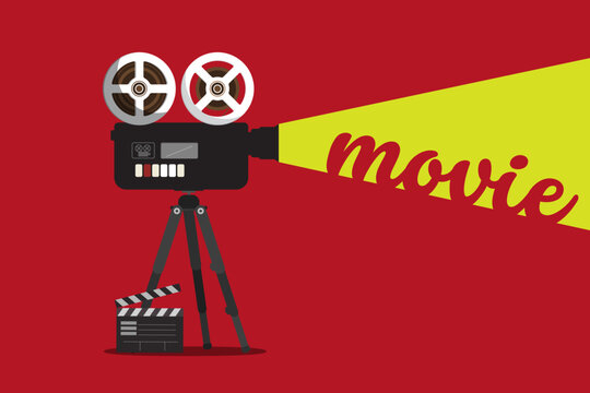 Retro film camera with movie text on red background - vector