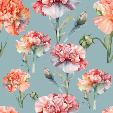 Seamless pattern with pink carnations. Watercolor carnations seamless pattern. Vector illustration