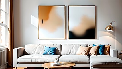 Photo of a modern living room with minimalist decor and two art pieces on the wall