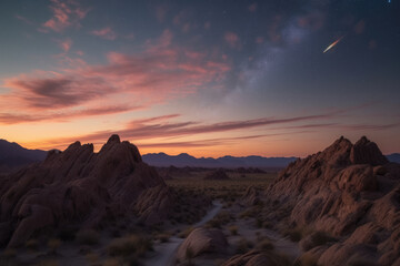 Comet passing over desert badlands, California, USA 