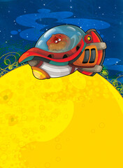 Fototapeta premium Cartoon funny colorful scene of cosmos galactic alien ufo space craft ship isolated illustration for children