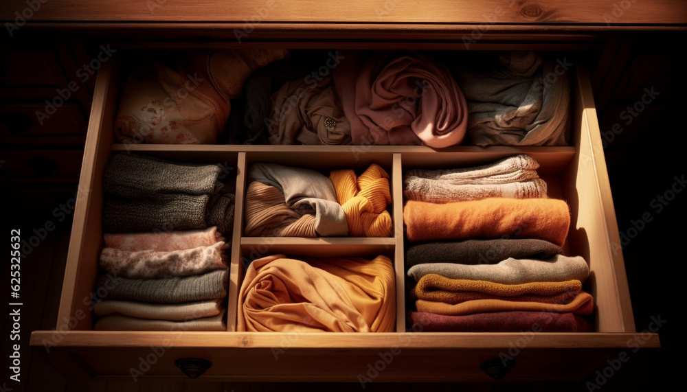 Poster neat arrangement of multi colored textiles in modern storage compartment generated by ai