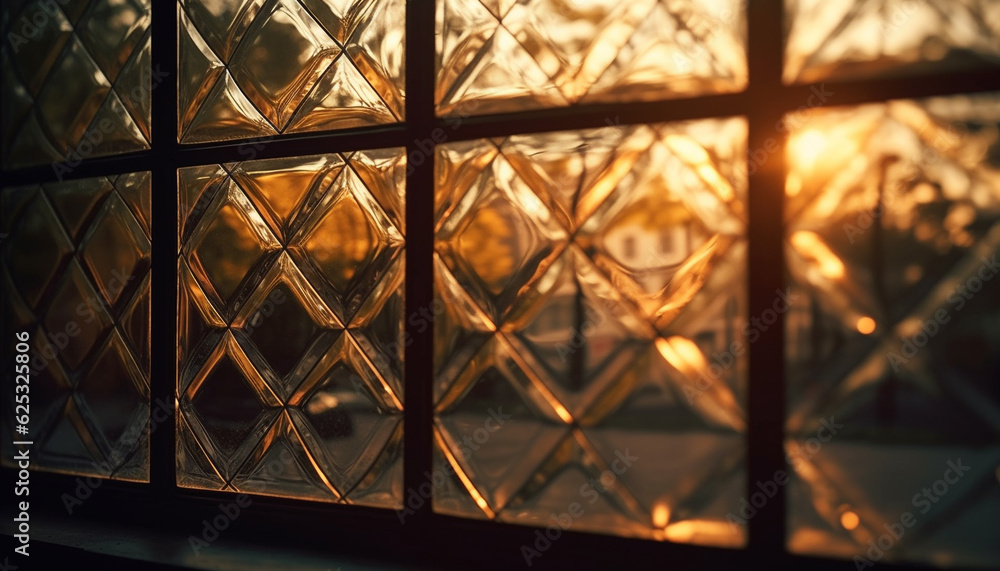 Poster shiny gold shapes reflect in abstract glass patterns at dusk generated by ai
