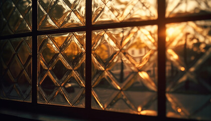 Shiny gold shapes reflect in abstract glass patterns at dusk generated by AI