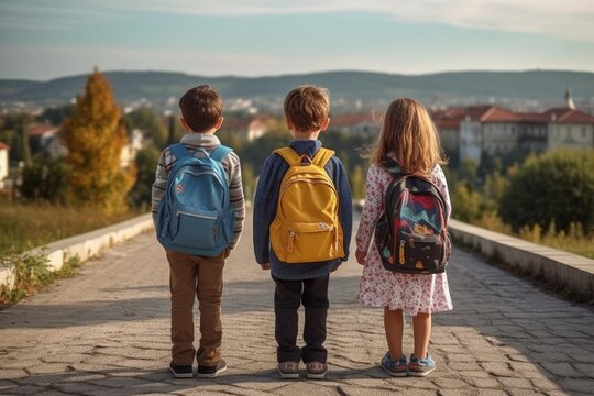 Back to school. Children preschoolers and schoolchildren going to educational institution. The road to school, morning gatherings for school, acquiring knowledge, mining information. Generative AI.