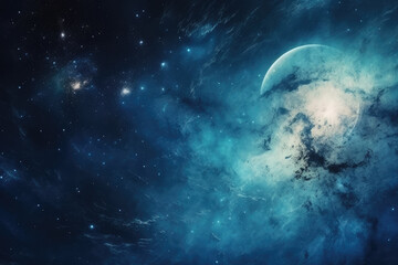 Fototapeta na wymiar Blue bright galaxy panorama, abstract cosmic space background, artistic