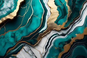 Vivid colorful graphite texture geode wallpaper background. Teal green and white marble stone with gold veins. 