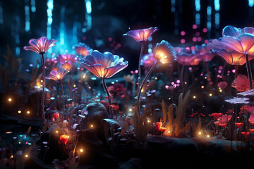 The fairy-tale forest is shrouded in a light glow of luminescent plants and fireflies. High quality illustration