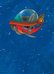 Cartoon funny colorful scene of cosmos galactic alien ufo space craft ship isolated illustration for children