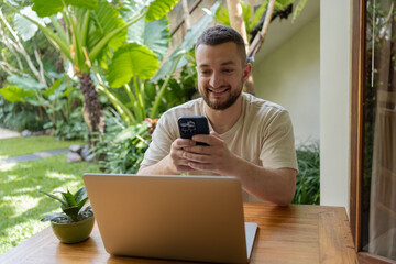 Freelance copywriter using 4g and media application for creating content in social networks,...
