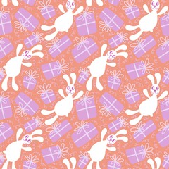 Cartoon animals rabbit seamless bunnies with birthday gift box pattern for wrapping paper and fabrics