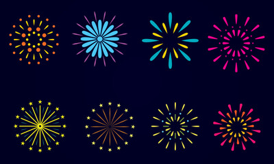 set of Festival firecracker, colorful fireworks explosions, carnival party firework vector illustration.