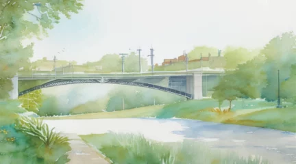  橋のある風景の水彩イラスト Generative AI © newmin