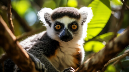 Ring-tailed lemur head close-up portait sitting in tree - Generative AI