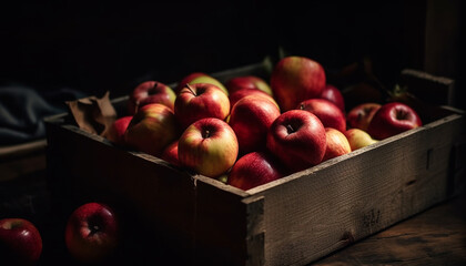 Rustic apple crate on wooden table, showcasing autumn harvest variety generated by AI